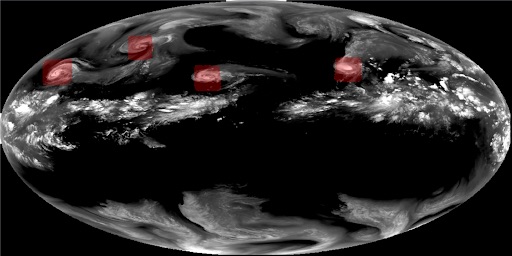 Depiction of a machine learning algorithm used to identify hurricanes and typhoons (red boxes) in GOES satellite data