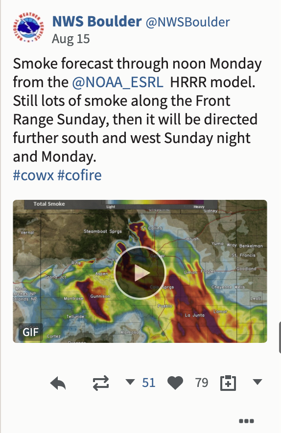 NWS Boulder shares a tweet about the smoke forecast using WAVE