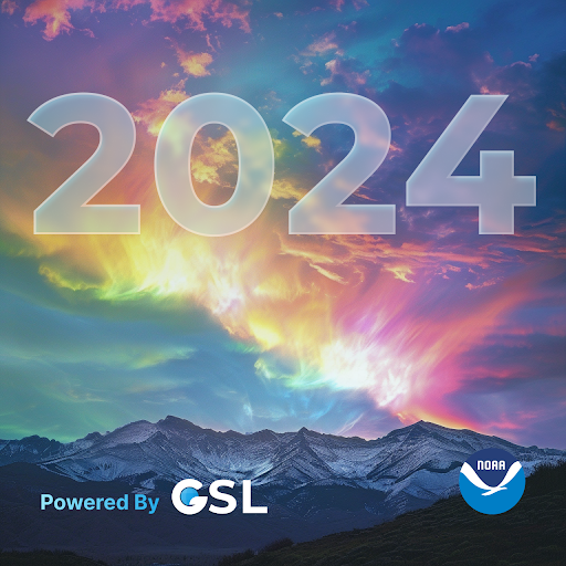Mountains with snow and a rainbow colored partly cloudy sky with the year 2024 and the Powered by GSL logo.