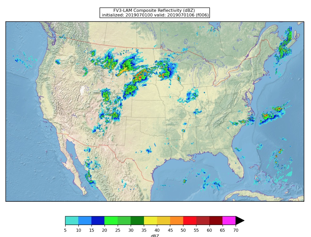 Sample plot from the release version of the SRW application made from test cases – this example is from a high resolution (3km) forecast over the CONUS on July 1, 2019 and shows how the updraft helicity and reflectivity coincide