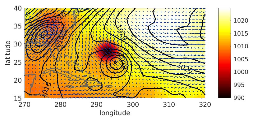 3.5-day forecast (black contour) and verifying analysis (shades of color) of mean sea level pressure for Hurricane Katia, valid at 12 UTC 6 September 2011