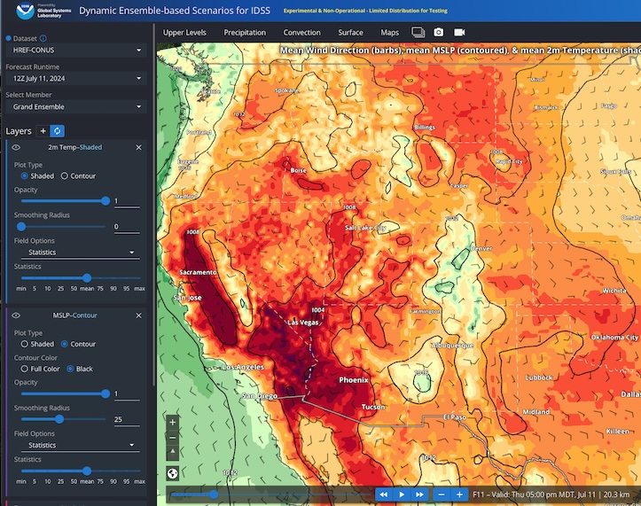 The Dynamic Ensemble-Based Scenarios for Impact-based Decision Support shows temperatures up to 118 degrees in parts of California on July 11.