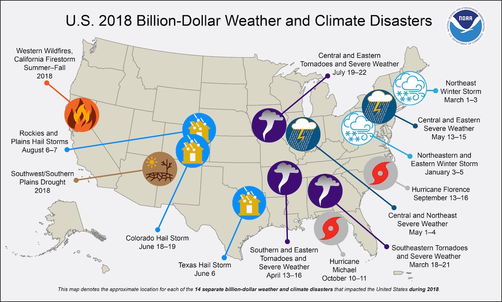 Map Of January To December 2018 US Billion Dollar Disaster Events 