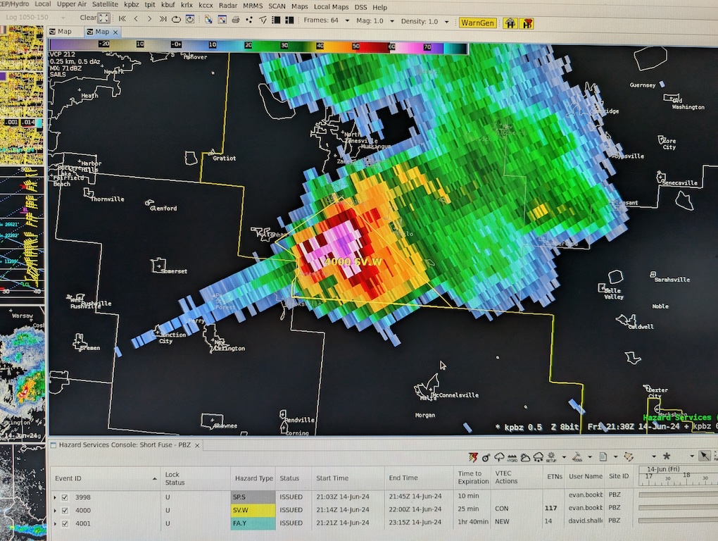 Image shows a computer display of hazard services with a supercell on radar. The Hazard Services framework helped the forecaster in Pittsburgh issue a severe thunderstorm warning.